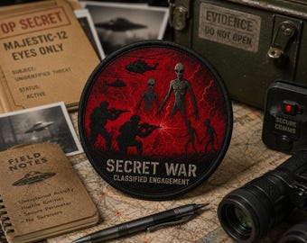 Può includere: Una toppa circolare ricamata con sfondo rosso che mostra sagome nere di soldati che puntano fucili contro figure extraterrestri, elicotteri e fulmini. Il testo recita SECRET WAR CLASSIFIED ENGAGEMENT in lettere bianche.