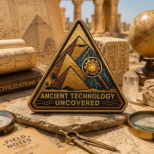 Puede incluir: Un parche triangular con el texto "ANCIENT TECHNOLOGY UNCOVERED" presenta pirámides, palmeras y una lupa. El parche está rodeado por una brújula, un globo terráqueo, una lupa y un libro titulado "LOST CIVILIZATIONS".