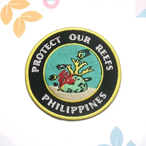 Protect Our Reefs Patch Embroidered Iron-On Applique for Tote Bags & Clothing, Sea Life Patch, Tropical Fish Patch, Philippines Patch, Ocean