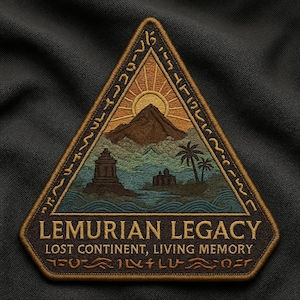 Può includere: Toppa ricamata con un design triangolare con una montagna, un sole e palme sull'acqua. Il testo "LEMURIAN LEGACY" e "LOST CONTINENT, LIVING MEMORY" è visualizzato in un carattere stilizzato, con simboli aggiuntivi.
