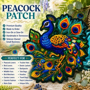 May include: An embroidered peacock patch featuring vibrant blue, green, orange, and yellow threads. The design displays a detailed peacock with a fanned tail of eye-patterned feathers. Text on the image reads PEACOCK PATCH, Premium Quality, Made to Order, Iron-On or Sew-On, Handmade in Tennessee, Veteran-Owned Small Business, and PERFECT FOR.