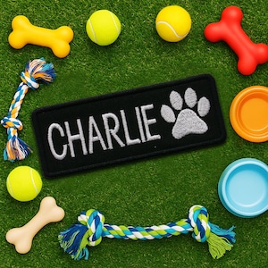 May include: A collection of dog toys and accessories arranged on green turf. Includes tennis balls, chew bones, rope toys, and two bowls. A black patch embroidered with the name "CHARLIE" and a paw print is the focal point.