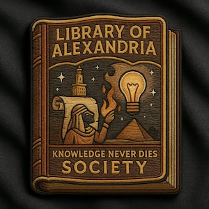 May include: Embroidered patch featuring a book design with the text "LIBRARY OF ALEXANDRIA" and "KNOWLEDGE NEVER DIES SOCIETY." The patch includes illustrations of a lighthouse, a scroll, a person holding fire, a lightbulb, and a pyramid, in shades of brown and gold.