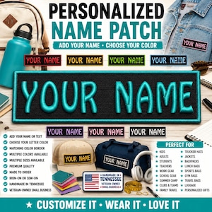 Könnte beinhalten: Ein rechteckiger, personalisierter Namensaufnäher mit schwarzem Stoff und türkisfarbenem Sticktext mit der Aufschrift YOUR NAME. Der Aufnäher hat einen passenden türkisfarbenen Rand. Weitere Aufnäherbeispiele in verschiedenen Farben sind mit Text abgebildet.