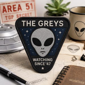 The Greys Patch/Iron On Patch/Watching Since ’47/UFO Area-51/Paranormal Badge/Government Secrets & Cover-Ups/Sew-On Applique for Clothing