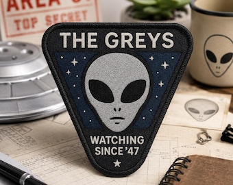 The Greys Patch/Iron On Patch/Watching Since ’47/UFO Area-51/Paranormal Badge/Government Secrets & Cover-Ups/Sew-On Applique for Clothing