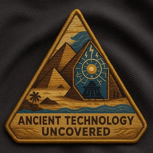 May include: Embroidered patch in a triangular shape with a gold border. The design features pyramids, a palm tree, and a stylized structure with lightning bolts. The text "ANCIENT TECHNOLOGY UNCOVERED" is at the bottom.