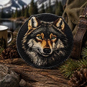May include: A round, embroidered patch featuring a detailed wolf portrait. The wolf has black and brown fur, green eyes, and a smiling expression. The patch is set against a black background, with a rustic, outdoor theme.