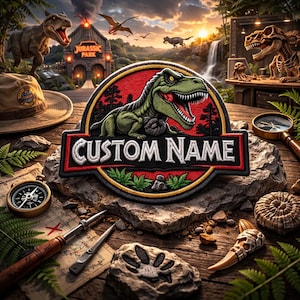 May include: A custom patch featuring a green Tyrannosaurus Rex on a red background with the text "CUSTOM NAME". The patch is surrounded by a black and yellow border. The image includes a hat, compass, map, and dinosaur-themed decor.