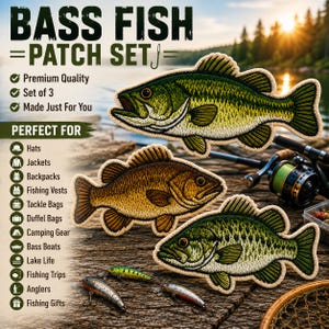 Bass Fish Patch Set of 3 | Quality Embroidered Iron-On Patches for Jackets, Hats, Vests, Backpacks | Fly Fishing | Large Mouth, Small Mouth