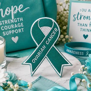 Ovarian Cancer Awareness Support Ribbon Patch/Iron-On Patch/Teal Ribbon/Fundraising Gift/Embroidered Sew-On Applique for Clothing, Vest, Hat