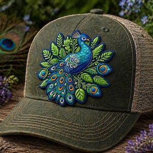 Pu&ograve; includere: Cappellino da camionista verde con una toppa dettagliata a forma di pavone. Il pavone presenta accenti blu, verdi e arancioni. Il cappellino ha un retro in rete e una visiera curva, ideale per l'outdoor.