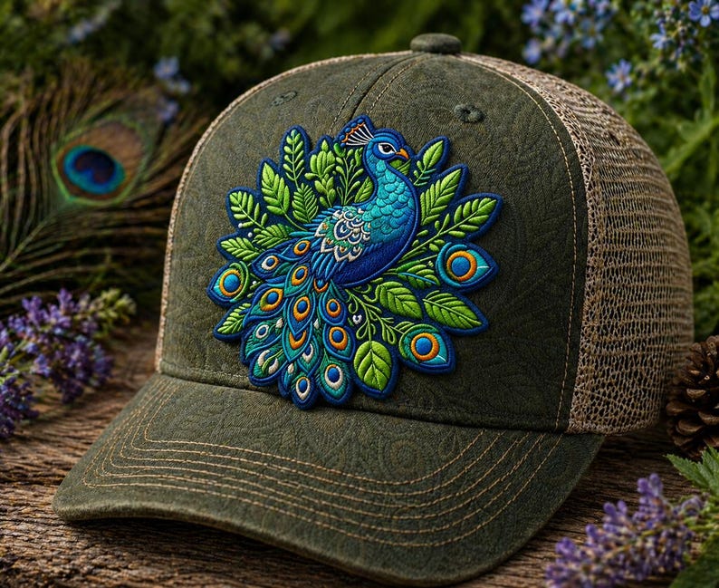 Pu&ograve; includere: Cappellino da camionista verde con una toppa dettagliata a forma di pavone. Il pavone presenta accenti blu, verdi e arancioni. Il cappellino ha un retro in rete e una visiera curva, ideale per l'outdoor.