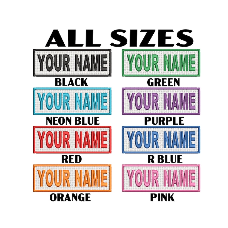 K&ouml;nnte beinhalten: Eine Sammlung von acht rechteckigen gestickten Aufn&auml;hern mit dem Text YOUR NAME in verschiedenen Garnfarben, darunter Schwarz, Gr&uuml;n, Neonblau, Lila, Rot, K&ouml;nigsblau, Orange und Pink, jeweils mit passendem Rand auf wei&szlig;em Hintergrund.