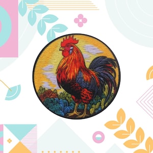 May include: Circular embroidered patch depicting a vibrant rooster. The rooster has red, orange, and blue feathers, set against a yellow and blue sky. The patch has a black border and the rooster stands in front of green and brown foliage.