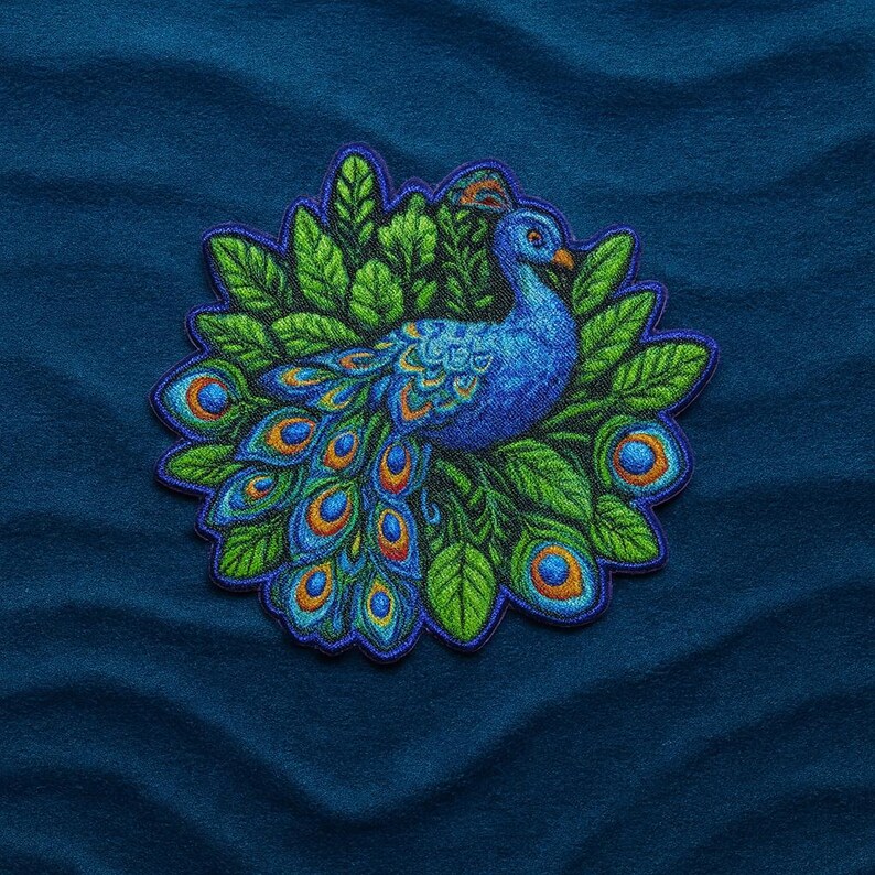 Pu&ograve; includere: Toppa ricamata con pavone blu dai dettagli arancioni e coda elaborata, circondato da foglie verdi. Lo sfondo &egrave; blu scuro. Adatta per abbigliamento o accessori.
