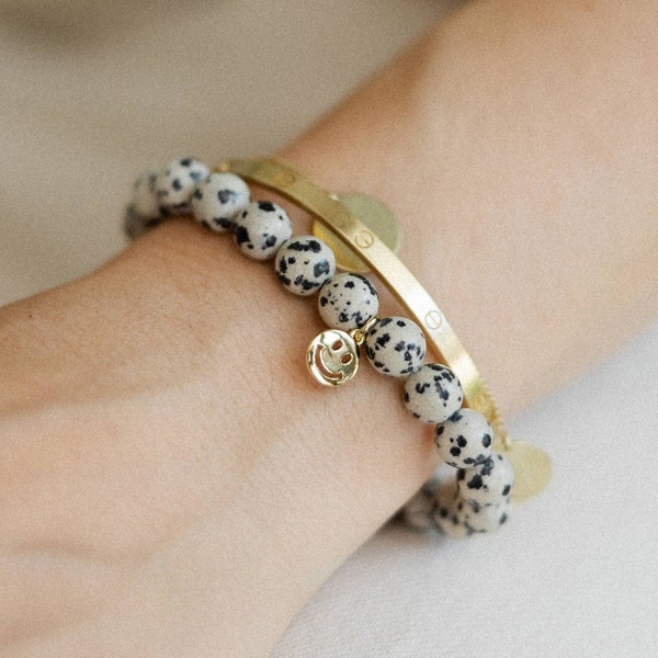 Armband Naturstein Jaspis Perlen Dalmatiner Smiley Gold