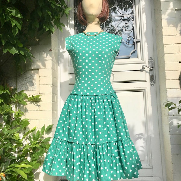 Robe Vintage 1950/60, verte à pois blancs