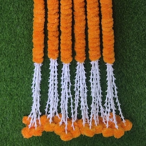 6ft Marigold Flower Garland Buffed   with Lilliy Hangings for Indian wedding decoration ,Temple Decoration,Stage ,Diwali Haldi Decor