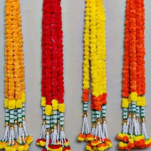 5ft  Marigold Flower Garland (BUFFED) with Lilly Hangings for Indian wedding decoration ,Temple Decoration,Stage ,Diwali Haldi Decor