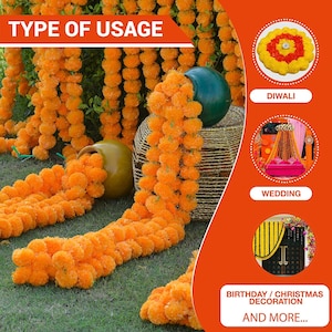 4to 20ft Marigold Garland  for Dia de Los ,Temple Decoration,Stage ,Diwali Haldi Decor , Toran Halloween Garlands   (Pack of 10)