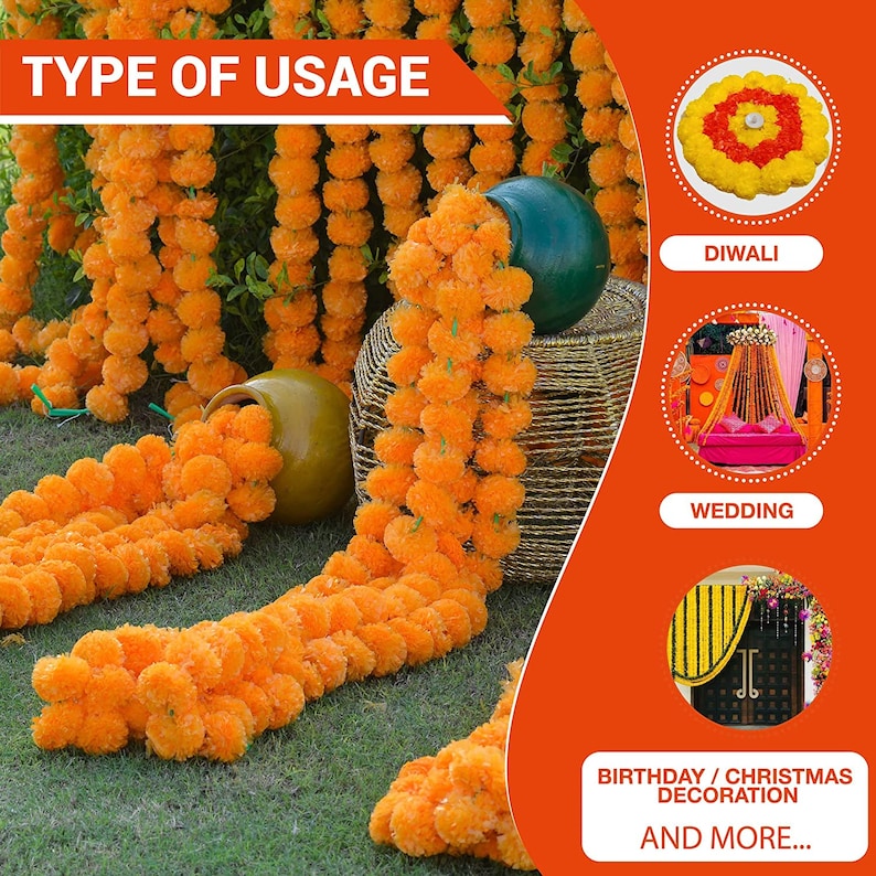 4to 20ft Marigold Garland  for Dia de Los ,Temple Decoration,Stage ,Diwali Haldi Decor , Toran Halloween Garlands   (Pack of 10)