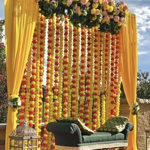 9 ft Haldi Mehndi Set ,Curtain,Flower Runner Marigold Strings for wedding decoration Backdrop
