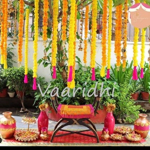 3ft  Marigold Flower Garland (Buffed)  with Tassel Hangings for  wedding Decoration  Mandap Decoration  Haldi Decor Garden hangings