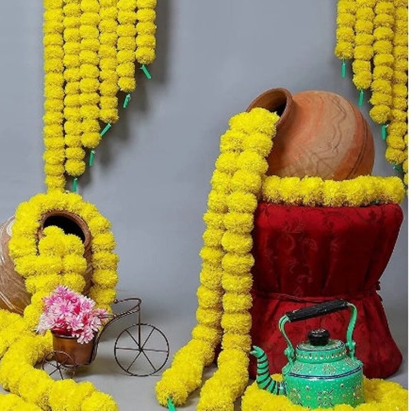 2,5 m Ringelblume (Buffed) Blumengirlande für indische Hochzeit Dekoration, Tempel Dekoration, Bühne, Diwali Haldi Dekor, Tür Dekor Toran