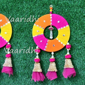 Wedding Decoration Hanging Chakras with Gota Net Bells Mehndi Decor Haldi Decor Garden Hangings Dream Catchers  Indian Shaadi  Decor