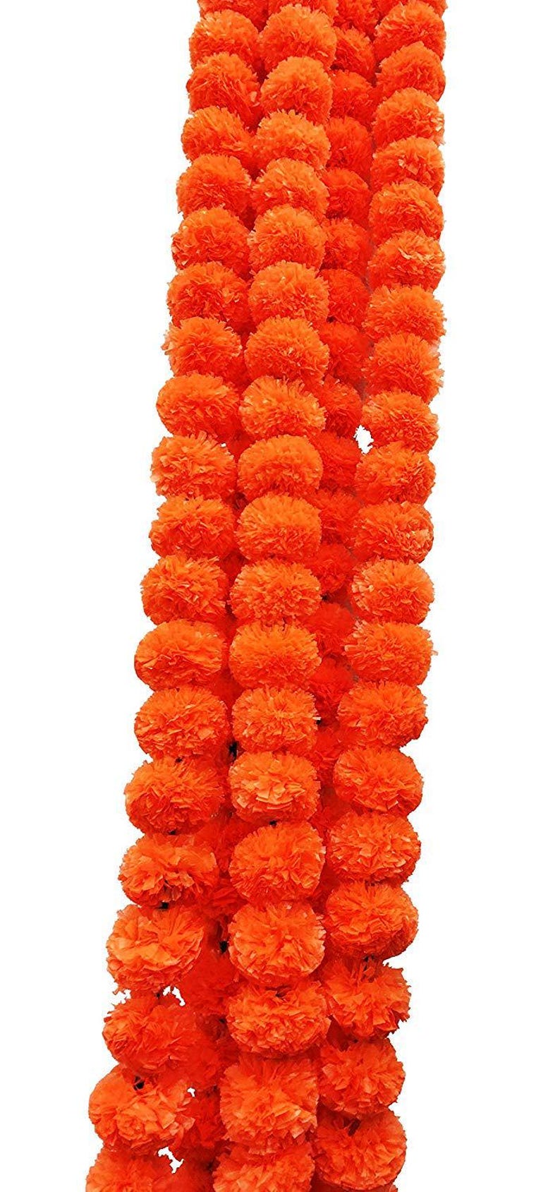 May include: A vertical string of bright orange marigold flowers, closely arranged. The flowers are spherical and fluffy, giving a textured look. The background is plain white.