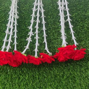 Puede incluir: Cuatro hileras de flores rojas artificiales colgando sobre un fondo de hierba verde.