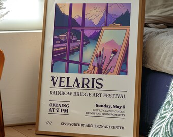 May include: A poster advertising the Velaris Rainbow Bridge Art Festival, featuring a colourful illustration of a mountain landscape with a window view and an easel with paintbrushes. The poster text includes the festival name, date, time, and sponsor: Archerson Art Center.