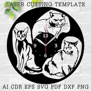 Cat Clock laser cut files SVG file vector file ai cdr dxf instant download digital design cut file template Decor Pet Cats Wall Clock