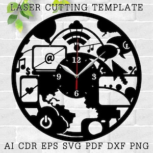 Könnte beinhalten: Schwarze Laser-Cut-Uhr mit rundem Zifferblatt, das Symbole aus dem Internet wie ein E-Mail-Symbol, Noten und ein Wi-Fi-Symbol zeigt. Die Zeiger sind schwarz mit einem roten Sekundenzeiger. Der Text "LASER CUTTING TEMPLATE" steht oben, und "AI CDR EPS SVG PDF DXF PNG" unten.