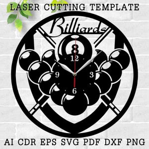 Könnte beinhalten: Schwarz-weißes Laser-Schneide-Template einer Uhr mit Billardkugeln und Queues. Das Zifferblatt der Uhr zeigt "Billiards" und hat die Zahlen 3, 6, 9 und 12. Die Vorlage ist für eine Uhr mit einem Durchmesser von 30,5 cm.