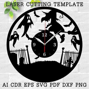 May include: Black and white laser cut clock design featuring a witch flying on a broomstick with ghosts and a graveyard. The clock face has Roman numeral markings.
