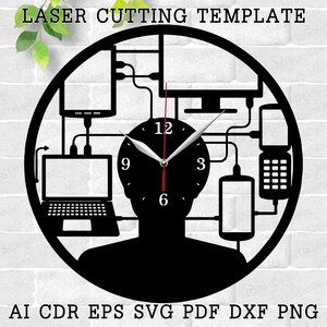 May include: Black and white laser cut clock design featuring a silhouette of a person with a clock face in their head. The clock face has black numbers and hands. The design also includes a laptop, a desktop computer, a cell phone, and a smartphone. The text "LASER CUTTING TEMPLATE" is at the top of the image. The text "AI CDR EPS SVG PDF DXF PNG" is at the bottom of the image.