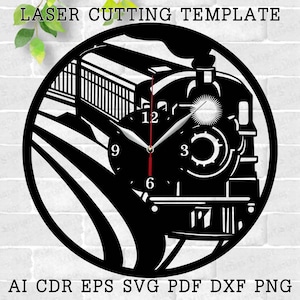 Puede incluir: Diseño de reloj de corte por láser en blanco y negro con una locomotora y una esfera de reloj en el centro. La esfera del reloj tiene marcas de números romanos para las horas y marcas de números arábigos para los minutos. El diseño es adecuado para usar como reloj de pared.
