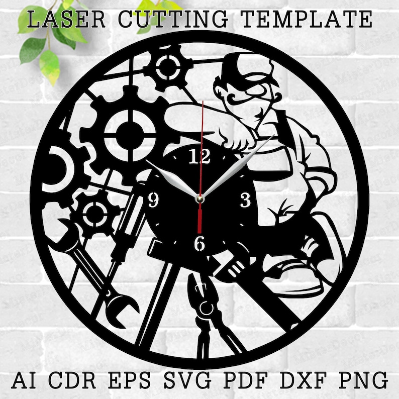May include: Black and white laser cut clock design featuring a cartoon mechanic holding a wrench and surrounded by gears. The clock face has Roman numeral markings for the hours.
