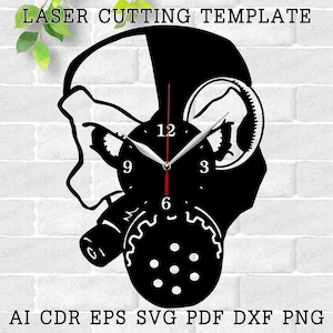 May include: Black and white silhouette of a gas mask with a clock face in the center. The clock face has black numbers and hands. The gas mask is a popular design for wall clocks.