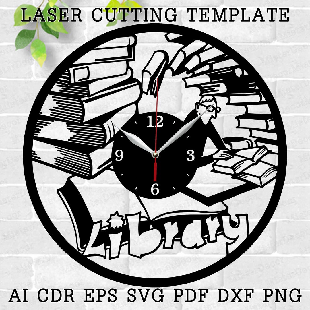 Library Clock Svg Books Clock Laser Cut Files SVG Vector File Ai, Cdr, Dxf, Eps, Pdf, Png ...