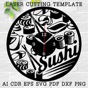 May include: Black and white laser cut clock design featuring sushi, chopsticks, and the word "Sushi". The clock face is visible with numbers 12, 3, 6, and 9.