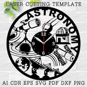 Könnte beinhalten: Schwarz-weißes Laser-Schneide-Template für ein Astronomie-Uhren-Design. Das Zifferblatt der Uhr zeigt ein Teleskop, einen Satelliten, ein Radioteleskop und einen Planeten. Der Text "ASTRONOMY" ist um das Zifferblatt der Uhr geschrieben.