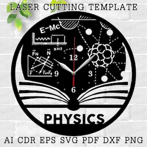 May include: Black and white laser cut clock design featuring a book with the word "PHYSICS" underneath. The clock face includes physics formulas and symbols, including E=MC, a diagram of forces, and an atom.