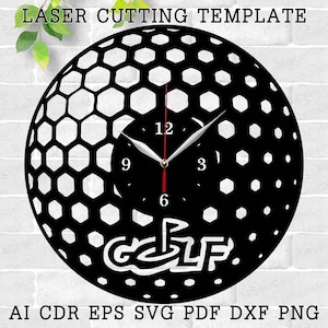 May include: Black and white laser cut template of a golf ball with a clock face and the word "GOLF" in a stylized font. The template is designed for use with a laser cutter and can be used to create a unique wall clock.