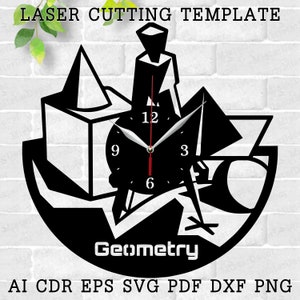 May include: Black and white geometric clock design with the word "Geometry" at the bottom. The clock face is a circle with Roman numeral markings for the hours. The clock hands are silver. The design includes a pyramid, a cube, and other geometric shapes.