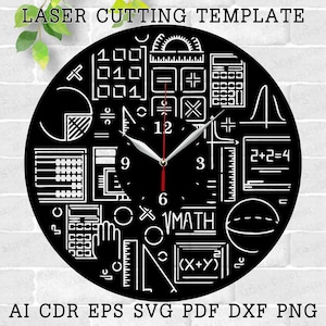 May include: Black and white laser cut clock design featuring various math symbols, equations, and a calculator. The clock face has a black background with white numbers and hands. The text "VMATH" is included on the clock face.