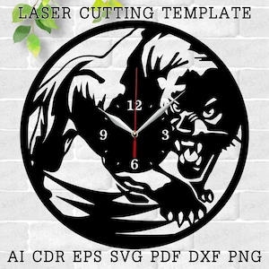 Panther Clock laser cut files SVG vector file ai, cdr, dxf, eps pdf png download digital design cut file template Animal Decor Panther Clock