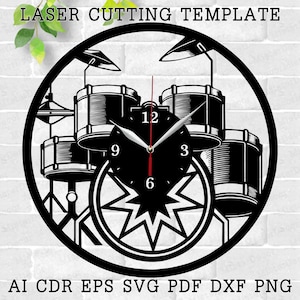 May include: Black and white laser cut template of a drum set clock. The clock face is a circle with Roman numeral markings and a starburst design. The template is for a DIY project and can be used to create a unique wall clock.